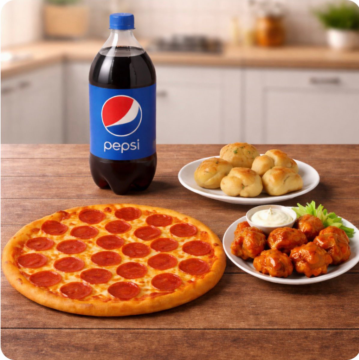 18" One Topping Pizza, 10 Pieces of Wings, Order of Garlic Knots & 2 Liter of Soda.