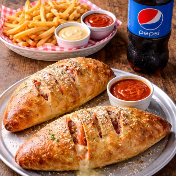 Two Calzone with Two Toppings, French Fries & 2 Liter Soda.
