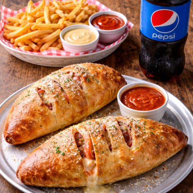 Two Calzone with Two Toppings, French Fries & 2 Liter Soda.