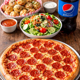 One 18'' Pizza with One Topping, Salad, Garlic Knots & 2 Liter Soda