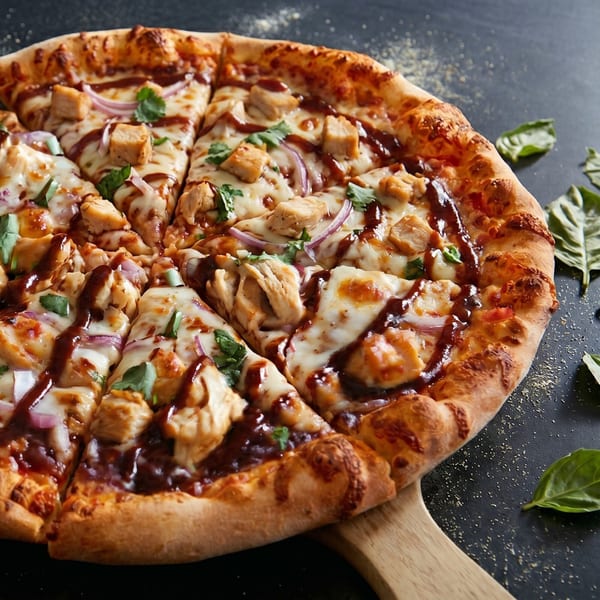 BBQ chicken pizza with red onions, cilantro, and melted cheese on a wooden peel.