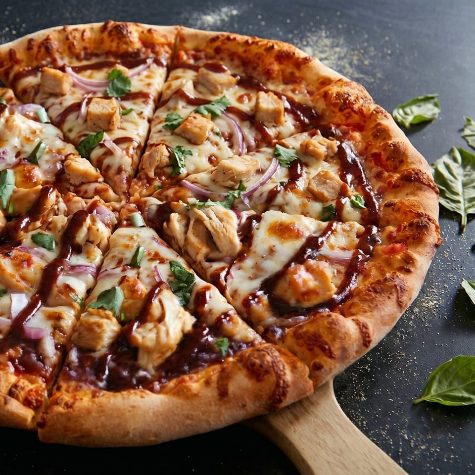 BBQ chicken pizza with red onions, cilantro, and melted cheese on a wooden peel.