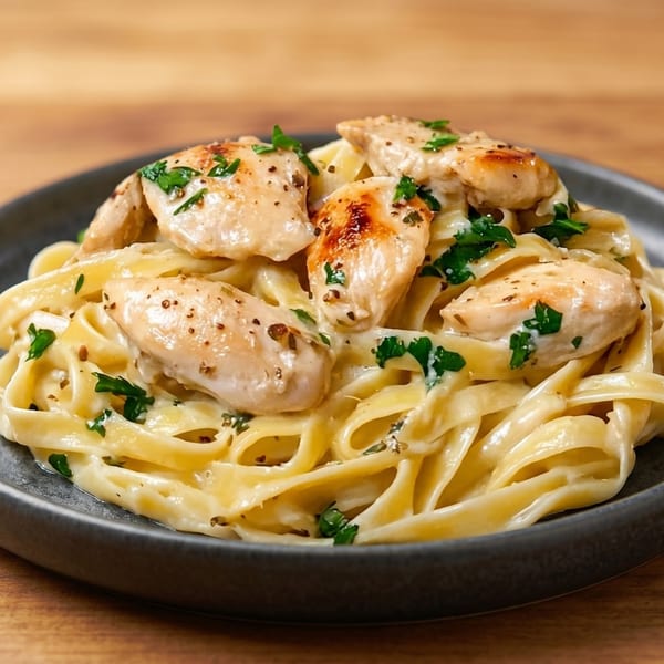 Creamy fettuccine alfredo with grilled chicken pieces and fresh parsley on a dark plate.