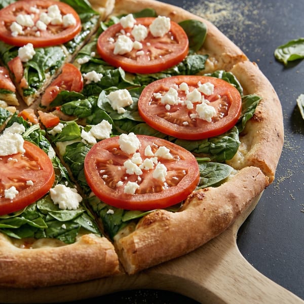 Close-up of a pizza with spinach, sliced tomatoes, and crumbled feta cheese on a wooden peel.
