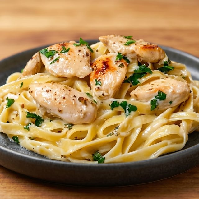 Pasta with Grilled Chicken Alfredo.