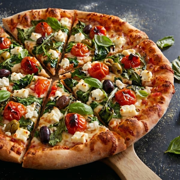 A freshly baked pizza with cherry tomatoes, olives, feta, and arugula on a wooden peel.