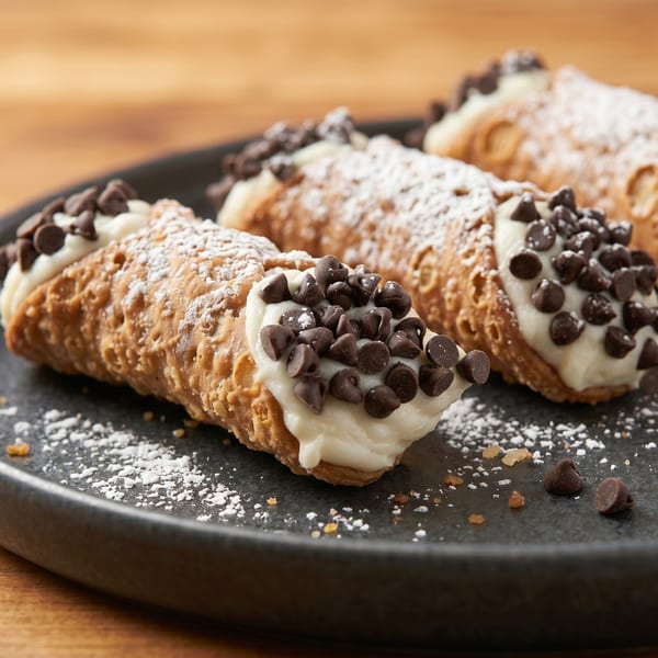 Three cannoli on a dark plate, filled with cream, topped with chocolate chips and powdered sugar.