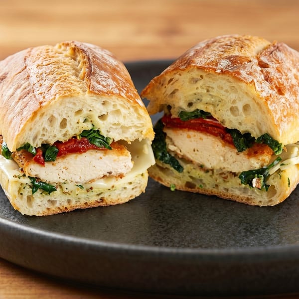 Two halves of a chicken sandwich on ciabatta bread with cheese, spinach, and sun-dried tomatoes.
