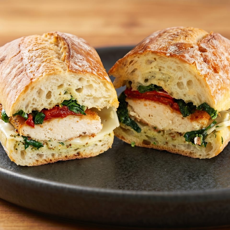 Two halves of a chicken sandwich on ciabatta bread with cheese, spinach, and sun-dried tomatoes.