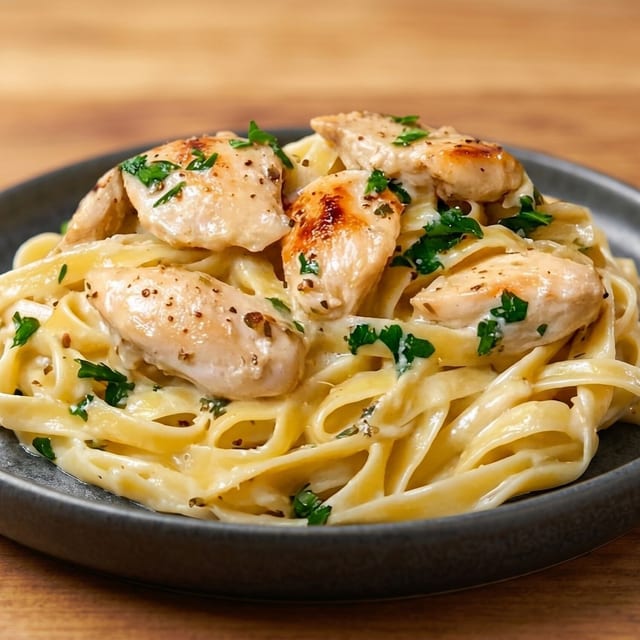 Pasta with Grilled Chicken Alfredo.