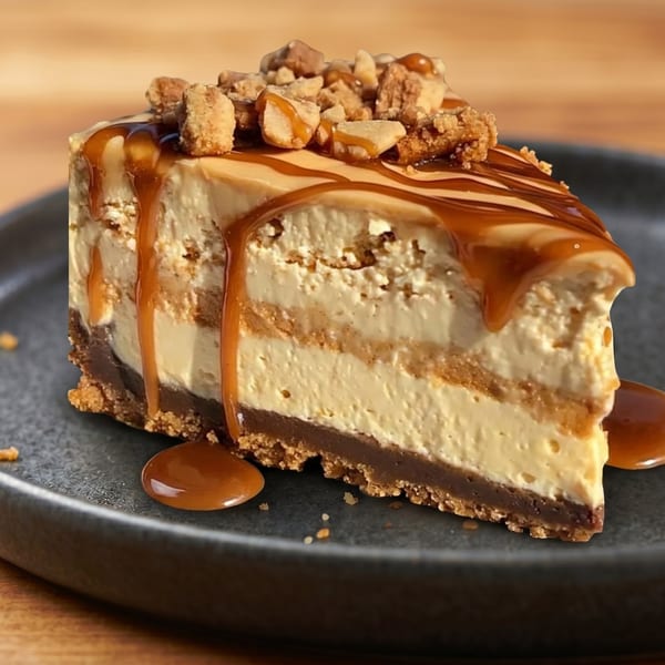 A slice of layered cheesecake with caramel drizzle and crunchy toppings on a dark plate.