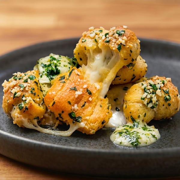 Golden-brown garlic knots, stuffed with melted cheese and topped with herbs, on a dark plate.