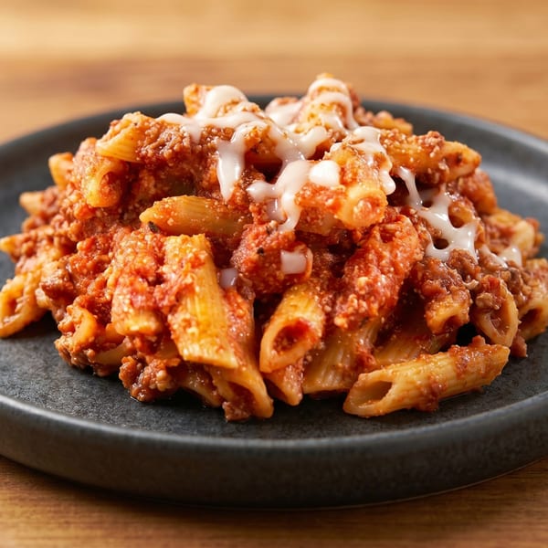Penne pasta with meat sauce and a drizzle of white cheese on a dark plate.